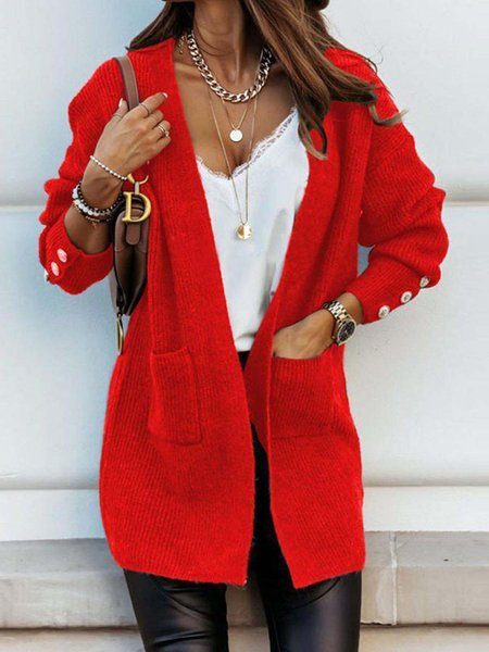 

Red Solid Long Sleeve Open Front Cardigan Outerwear, Outerwear