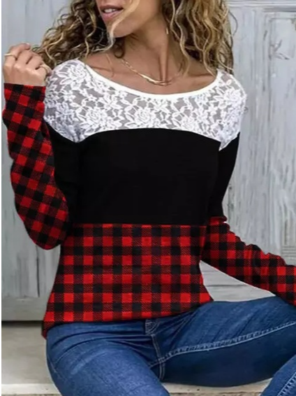 

Grid Crew Neck Casual Shirts & Tops, Black, Long sleeve tops
