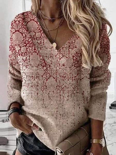 

Casuale Vintage Stampato Scollo a V Maniche Lunghe Top, Cachi, Blouses & Shirts