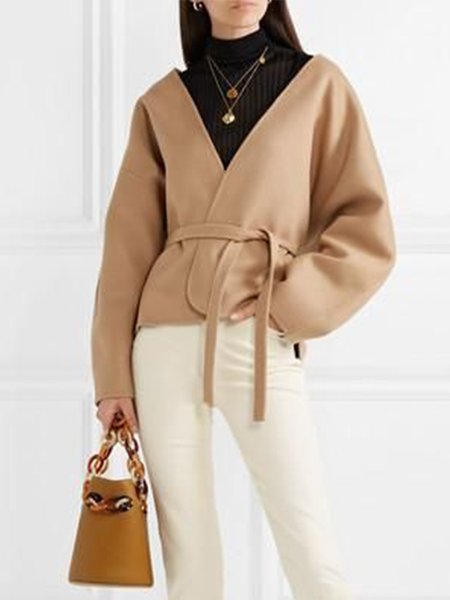 

Long Sleeve Solid Casual V Neck Outerwear, Khaki, Coats
