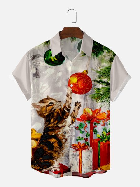

Christmas cat print short sleeve shirts & tops, As picture, Shirts