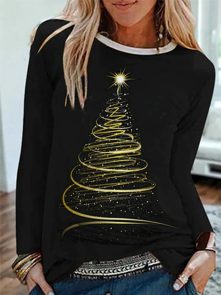 

Casuale Maniche Lunghe Girocollo Stampato Superiore, Nero, T-Shirts