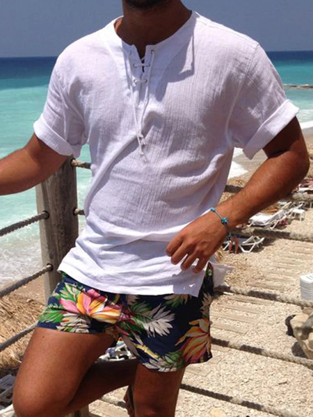 

Crew Neck Vacation Short Sleeve Shirts & Tops, White, Men's t-shirts