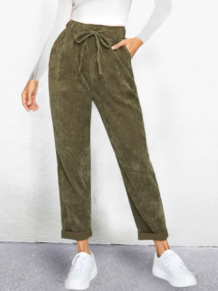 

Plain Loosen Pants Suede elastic waist retro footwear pants, Army green, Pants