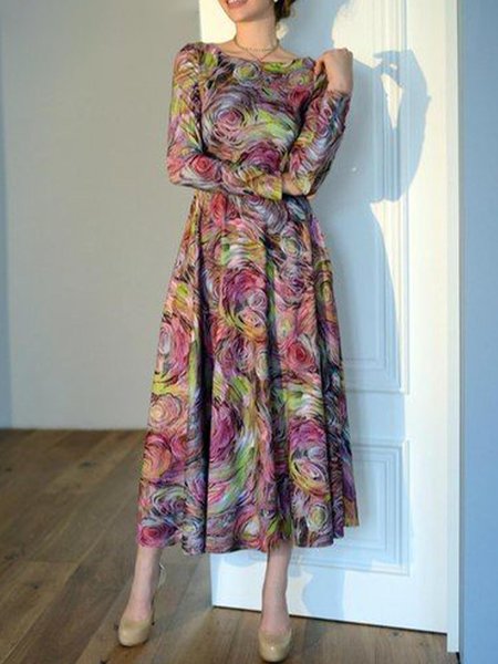 

Regular Fit Abstract Crew Neck Maxi Dress, As picture, Midi Dresses