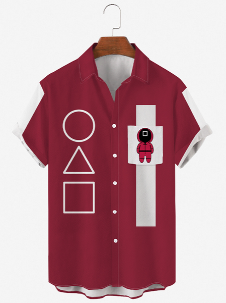 

Mens Squid Game Print Chest Pocket Round Hem Loose Short Sleeve Shirts, Red, Men's Floral shirt