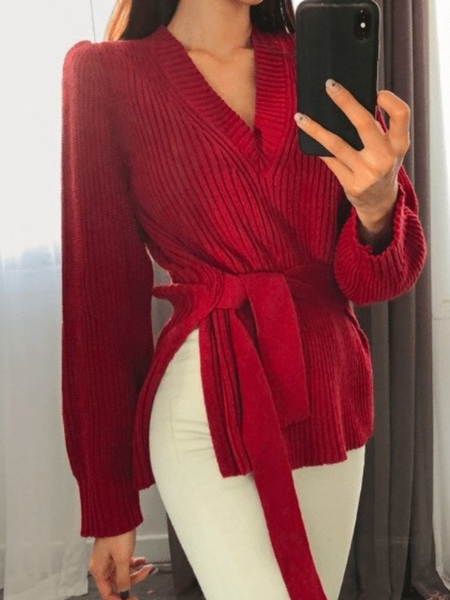 

Fall V neck Plain V Neck Regular Fit Mid-weight Daily Holiday Sweater, Red, Pullovers