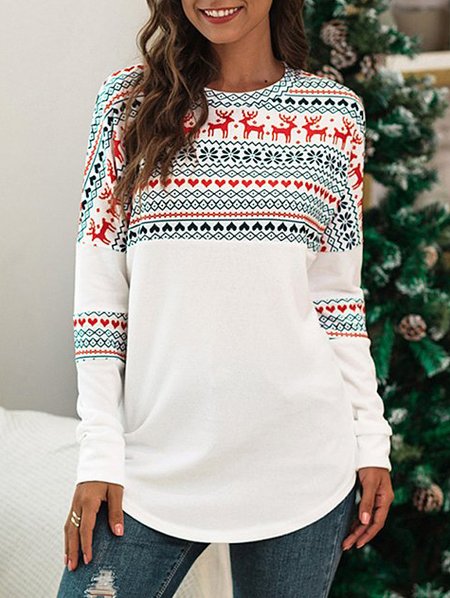 

Christmas Printed Off Shoulder Cute Crew Neck Loosen Shirts & Tops, White, Tees & T-shirts