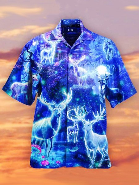

Mens Amazing Magic Blue Light Deer Casual Breathable Short Sleeve Hawaiian Shirts, Men's shirts