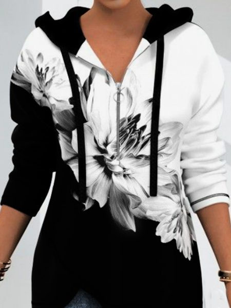 

New V-neck elastic knitting elastic gradient flower zipper top women's sweater, Black-white, Sweatshirts & Hoodies