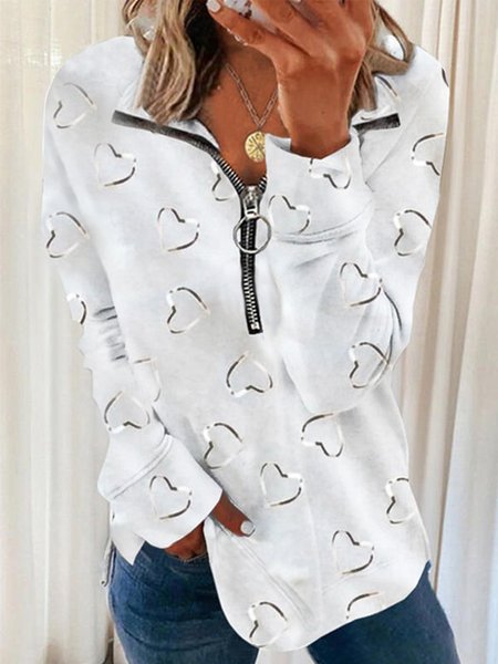 

Vintage Love Pattern Long Sleeve Zipper Plus Size Casual Sweatshirts, White, Hoodies & Sweatshirts