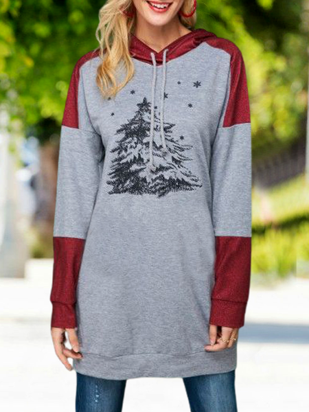 

Casual Off Shoulder Sweatshirt Contrasting color Christmas tree pattern long sweater, Light gray, Sweatshirts & Hoodies