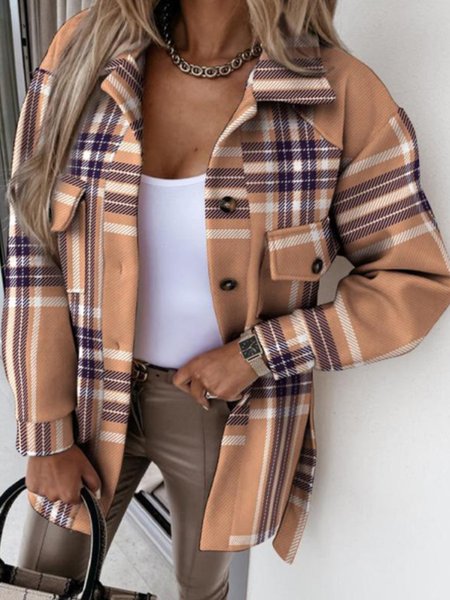 

V Neck Checked/Plaid Vintage Outerwear, Khaki, Coats