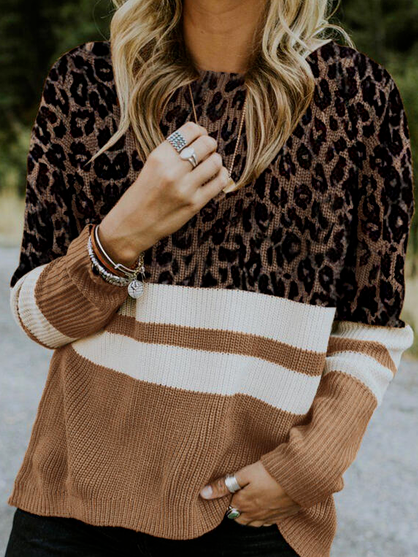 

Color Block Leopard Round Neck Casual Sweaters, Brown, Sweaters