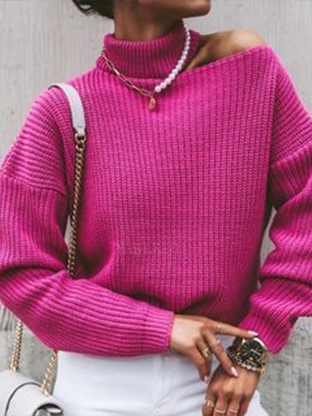 

Solid High Neck Loosen Sweater, Rose red, Knitwear & Sweaters