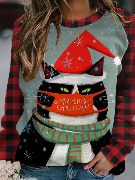 

Merry Christmas Cat Mask Casual Sweatshirt, As picture, Hoodies&Sweatshirts