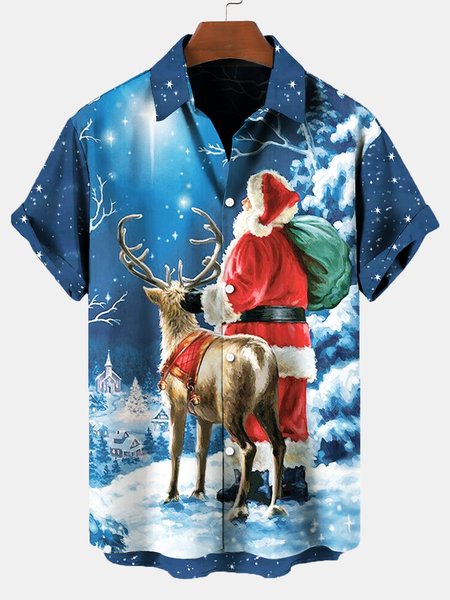 

Short Sleeve Shirt Collar Santa Claus Shirts & Tops, Blue, Men's Floral shirt