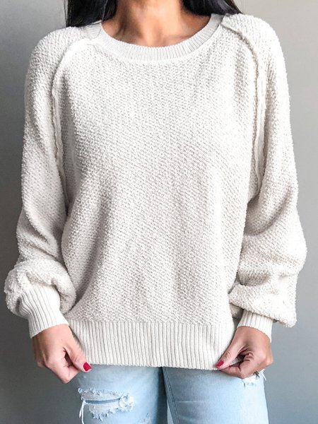 

Vacation Casual Round Neck Raglan Sleeve Solid Sweater, White, Sweaters & Cardigans
