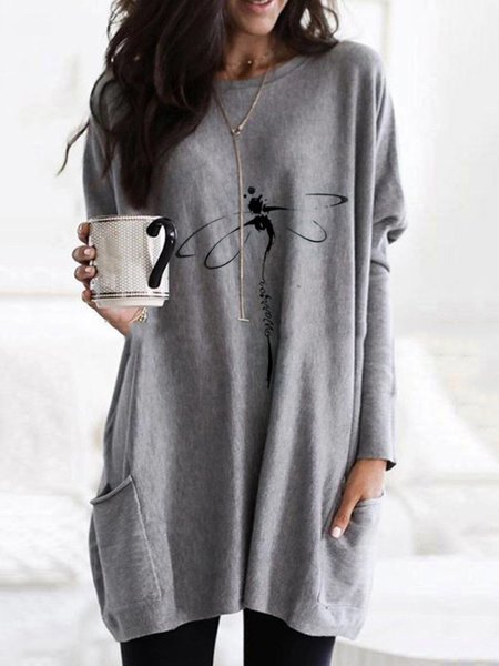

Long Sleeve Crew Neck Dragonfly Casual Shirts & Tops, Gray, T-Shirts