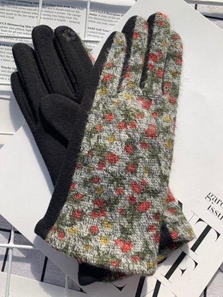 

Woolen Floral Warm Gloves, Gray, Women Gloves