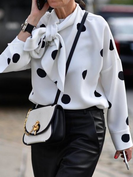 

Polka Dots Regular Fit Tie Neck Shirt, White, Tops