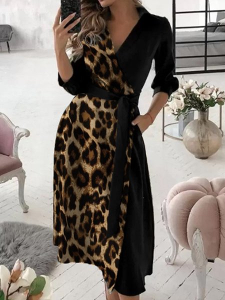 

Long Sleeve Leopard Elegant Regular Fit Midi Dress, Black, Midi Dresses