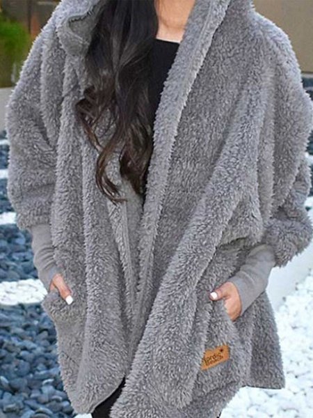 

Lamb fur lapel coat loose lazy style hooded pocket fur coat Casual Solid Loosen Outerwear, Gray, Cardigans