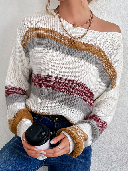 

Crew Neck Loosen Striped Simple Sweater, Multicolors, Sweaters