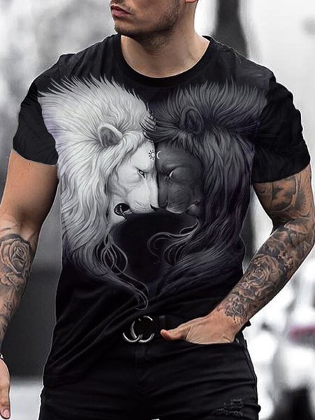 

Lion print round neck short sleeve T-shirt, Black, T-shirts