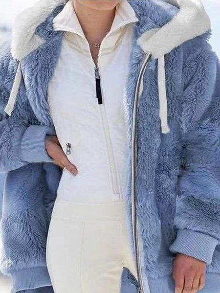 

JFN Furry Hooded Pocketed Daily Coat, Blue, Coats