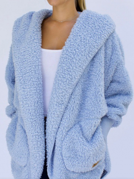 

Lamb fur lapel coat loose lazy style hooded pocket fur coat Casual Solid Loosen Outerwear, Sky blue, Cardigans