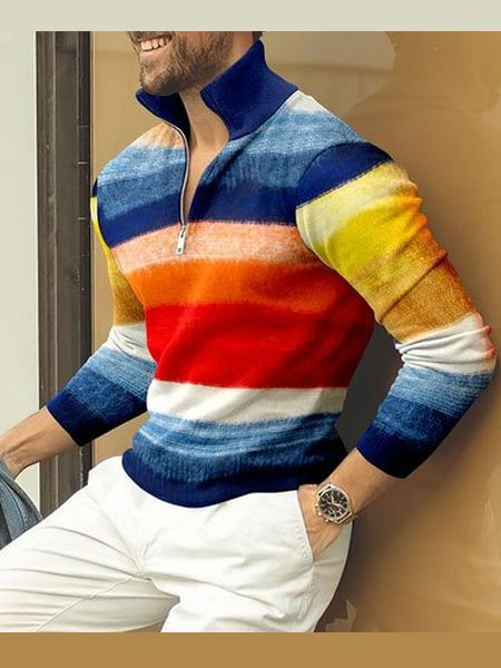 

Casual Lapel Cotton Shirts & Tops, Stripe, polo