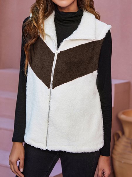 Color Block Fleece Lapel Outerwear, Deep brown, Vests & Gilets