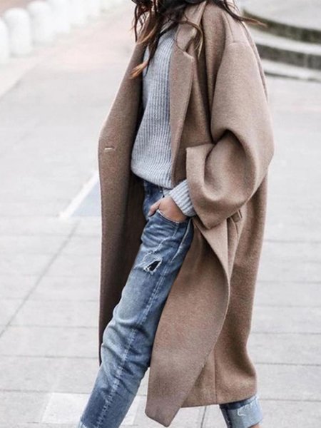 

Fashion long solid color lapel coat warm coat, Camel, Coats