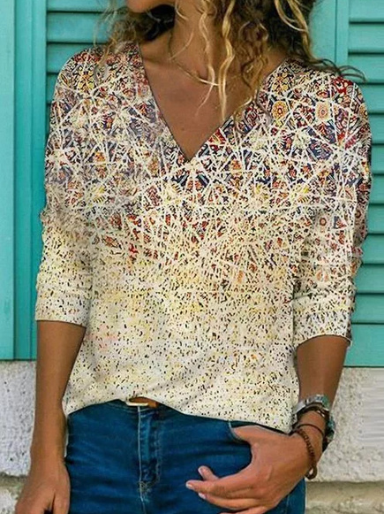 

Loosen Casual Geometric Shirts & Tops, Yellow, Long sleeve tops