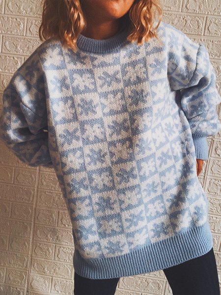

Casual small checkered round neck long-sleeved loose knit sweater pullover Vintage Geometric Loosen Sweater, Blue, Sweaters & Cardigans