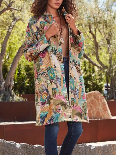 

Long Sleeve Lapel Printed Casual Outerwear, Multicolor, Outerwear