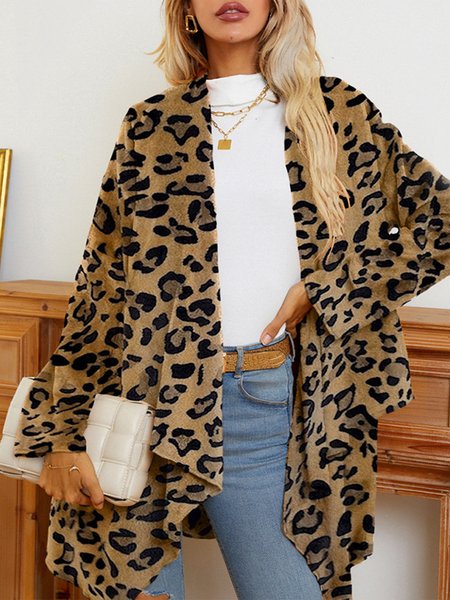 

Solid color flannel fashion cardigan with irregular hem, Leopard, Cardigans