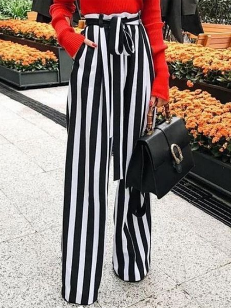 

Striped Work Regular Fit Long Pants, Black, Wide Leg Pants