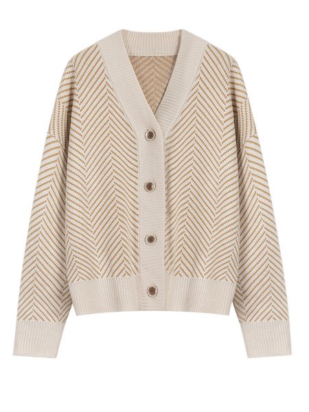 

Casual loose single-breasted long-sleeved diamond striped sweater cardigan jacket V Neck Loosen Basics Outerwear, Apricot, Cardigans