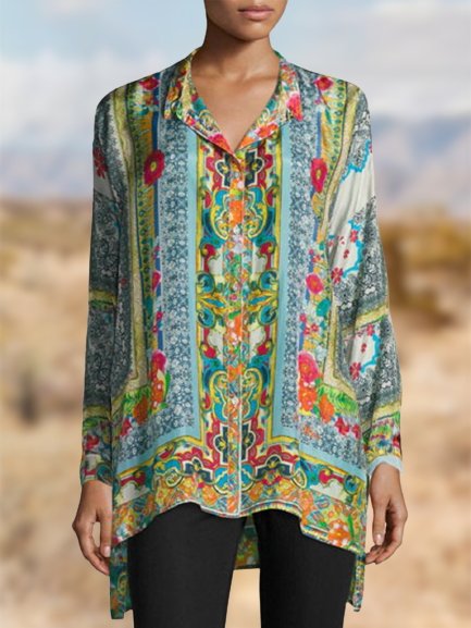 

Vintage Geometric Tribal Printed Long Sleeve Plus Size Casual Shirt Tops, Multicolor, Blouses & Shirts