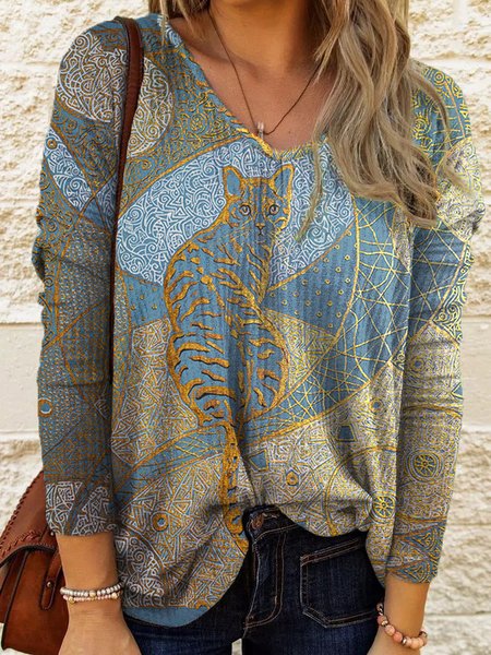 

V Neck Casual Cotton Blends Shirts & Tops, Multicolor, Tees & T-shirts