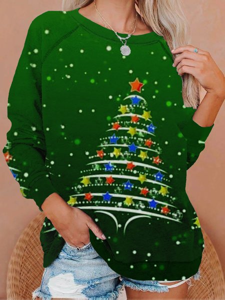 

Christmas Xmas Tree Long Sleeve Round Neck Plus Size Printed Tops Sweatshirts, Green, Hoodies & Sweatshirts