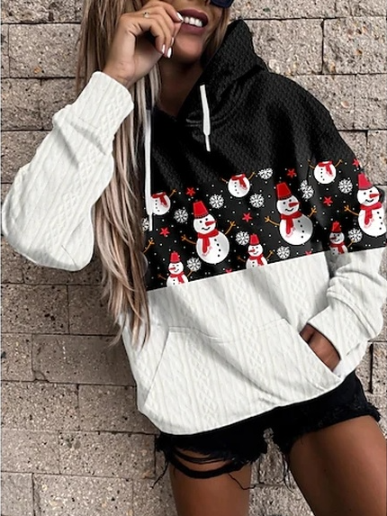 

Christmas Casual Hooded Loosen Sweatshirt, Black-white, Sweatshirts & Hoodies