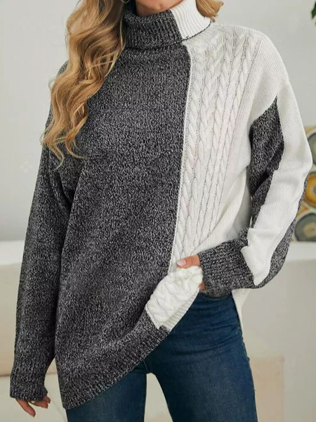 

High Neckline Color Block Loose Regular Sweater Shift Sweater, Gray, Sweaters & Cardigans