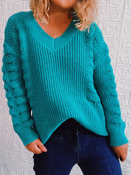 

Loosen V Neck Sweater, Cyan, Sweaters
