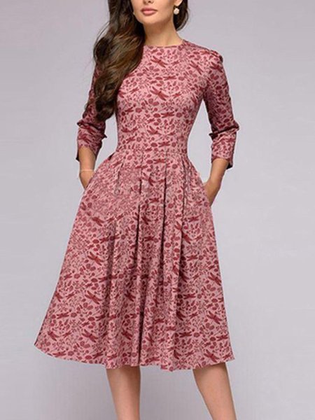 

Crew Neck Elegant Regular Fit Midi Dress, Red, Midi Dresses
