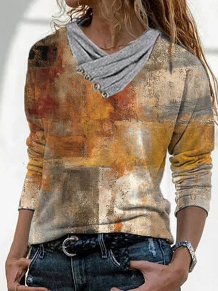 

Long Sleeve Printed Cowl Neck Casual Shirts & Tops, Multicolor, T-Shirts