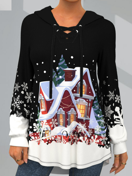 

Long sleeve V-neck bandage hooded Christmas Snowman landscape printed top t-shirt female, Black, Hoodies & Sweatshirts