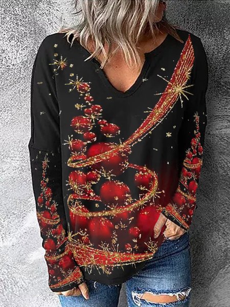 

Casual V Neck Christmas Shirts & Tops, Black, T-Shirts